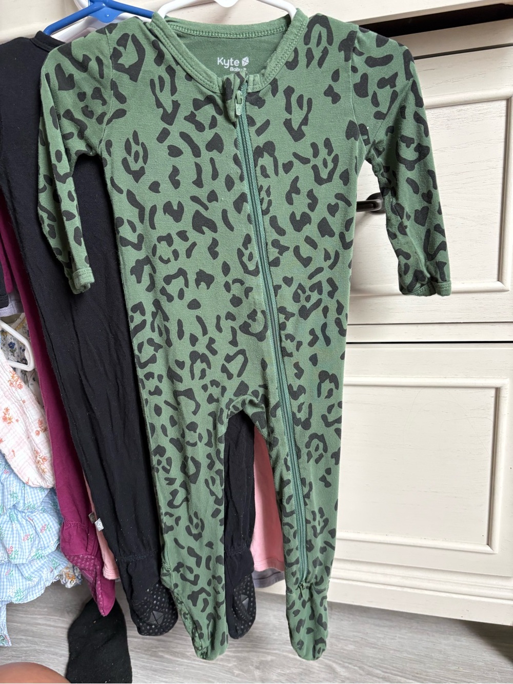 Kyte BABY Olive Green Leopard Zip Footed One-Piece